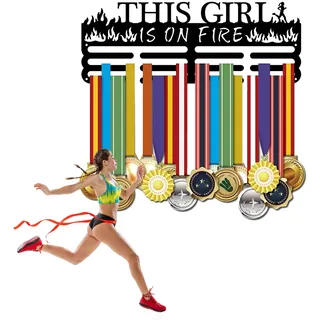 SUPERDANT Laufen Medaillenhalter Frauen Laufen Medaillen Aufbewahrung This Girl is on Fire Wandhaken Aus Schwarzem Eisen Medaillen Aufhänger Sport Medaille Halter Geschenke für Sportler und Kinder