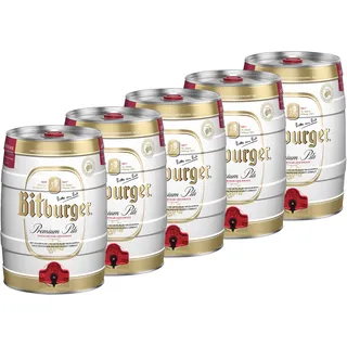 5 x 5,0-l-Bierfass Bitburger Premium Pils 5 Liter Bierfass mit Zapfhahn, Pfandfrei