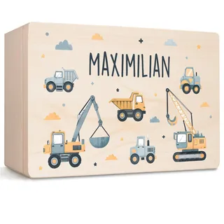 Little Deco Personalisierte Baby-Erinnerungsbox Holzkiste mit Deckel, Aufbewahrungsbox Erinnerungskiste Bagger, Geschenk zur Geburt, Taufe oder Geburtstag für Jungen XHL1149-6-M