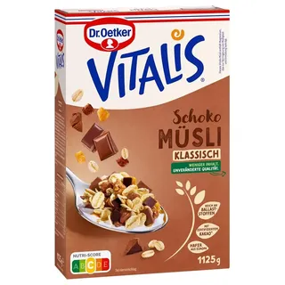 Dr. Oetker Vitalis Schoko Müsli klassisch, 4er Pack Frühstücksmüsli mit Vollmilch- und Zartbitter-Schokolade, Großpackung Schokoladen-Müsli (4 x 1125 g)
