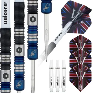 Unicorn Darts Set | James 'The Machine' Wade | 90% Tungsten Barrels mit zweifarbigen blauen & schwarzen Titanbeschichtungen | Stahlspitze Volute Points | 25g
