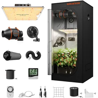Spider Farmer Growzelt Komplettset SF1000 Grow Light Dimmbarer LED Grow Lampe Vollspektrum Samsung LM301H EVO Diodes GrowZelt Kit Komplettes 70x70x160cm Hydroponics Growing Tent Set Belüftungssystem