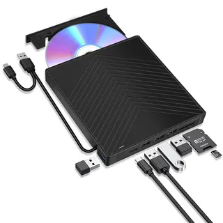 ARyee 7 in 1 Externes CD DVD Laufwerk, USB 3.0 mit 4 Anschlüssen und 2 TF/SD Kartensteckplätzen, schlankes optisches Laufwerk für PC Windows 11/10/8 Laptop Mac Linux OS
