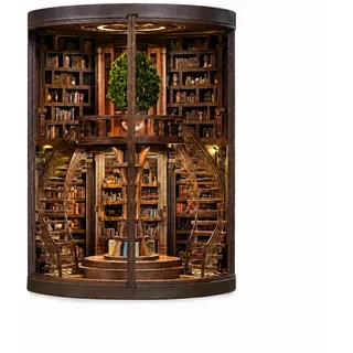 Spilay Book Nook Kit, Wisdom Rings Runde Bibliothek Miniaturhaus mit LED | Miniaturhaus Bausatz für Erwachsene, 3D Holzpuzzle mit Staubschutzhaube, Bücherregal Deko, Kreatives Geschenk für DIY Fans