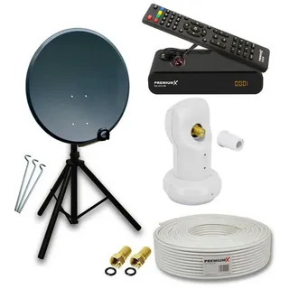 PremiumX Camping Satelliten-Komplettanlage 45cm Antenne Anthrazit SAT Single LNB Dreibein-Stativ Kabel HD TV Satelliten-Receiver