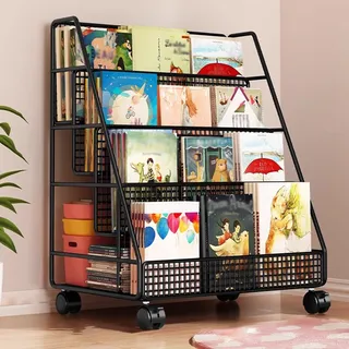 zeitungsständer Bodenstehender Zeitschriftenständer 3 4 Schichten, Metall 40cm Breiter Comic-Halter Zeitungsständer Mit 360° Beweglichen Rädern, Platzsparender Aufbewahrungskorb ( Color : Black , Size