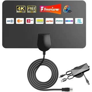 DVBT2 Antenne mit Verstärker für alle Fernseher, Zimmerantenne für Fernseher, DVBT2 Receiver mit Antenne, unterstützt 8K 4K 1080P, Flexible Befestigung mit Selbstklebendem Pad, 5m Kabel