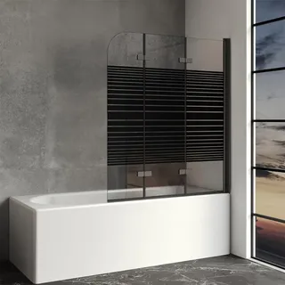 IMPTS 140 x 140 cm Duschwand für Badewanne 3-teilig Schwarz Duschabtrennung Badewannenaufsatz mit Streifen Milchglas Badewannenfaltwand mit 6mm Nano Beschichtung ESG Sicherheitsglas