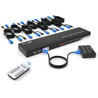MT-VIKI 4K KVM Switch HDMI 8 Port HDMI Konsole 8 in 1 Out mit IR Fernbedienung 8xKVM Kabel Desktop Selektor 4 USB-Port Auto Scan 2xRack-Satz 4K30Hz Stromanschluss