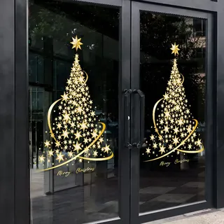 Cityhermit Weihnachtsbaum-Fensteraufkleber für Glas, statische goldene Aufkleber, DIY, Wand-/Fenster-/Türaufkleber für Schaufenster (2er-Pack)