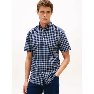 Tommy Hilfiger Kurzarmhemd TOMMY HILFIGER "FLEX POPLIN CHECK Regular Fit", Herren, Gr. S, N-Gr, carbon navy, check, Web, Obermaterial: 100% Baumwolle, kariert, regular fit normal, Rundhals, eingesetzt abgesteppte Kante, Hemden, Button-Down-Kragen