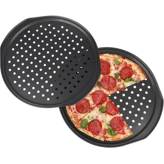 vebulon 2er Set Pizzablech Rund Pizzaform 14 inch Edelstahl Pizza Backblech Rund und gelocht Antihaft für knusprige Pizza für knusprige Pizza, Flammkuchen, Brot und Kuchen