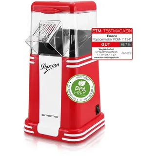 EMERIO Popcornmaschine, Popcorn Maker, leckeres Popcorn für Zuhause, schnell und einfach selbst gemacht, 60g Mais pro Durchgang, 1.200 Watt, einfache Reinigung, Heißluft Technologie, BPA frei, klein