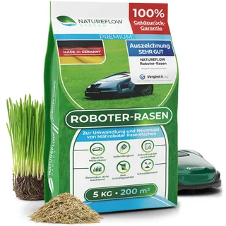 Mähroboter Rasensamen schnellkeimend 5kg TEST SEHR GUT - Roboter Grassamen Made in Germany - Für pflegeleichten Garten mit Natureflow Rasensaat