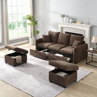 Merax Ecksofa U-Form mit Schlaffunktion und Stauraum, Dreisitzer Sofa-Set mit 2 Hocker – Chenille-Stoff, Metallrahmen, Modular Kombinierbar, Braun - Braun