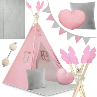 nukido - Spielzelt für Kinder - Teepee - Spielhaus - mit Holzrahmen, Halterung und Baumwollbezug - Großes Set - mit Kissen, weicher Spielmatte, Fensterrollo, Girlande - Faltbar - Rosa, Grau