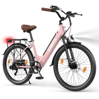 ESKUTE C100 Plus E-Bike, 26 Zoll Elektrofahrrad, E-Cityrad 250W HeckMotor, 36V 13Ah Wechselakku,bis zu 100km, LCD-Display, Tiefeinsteiger E-CityBike Für Damen und Herren Erwachsene, Rosa