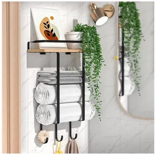 Yiomxhi Handtuchhalter mit Holzablage schwarz für Bad Gäste WC 3 Haken