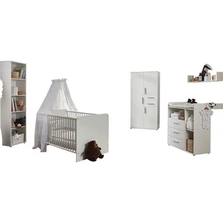 BMG Möbel »Lea«, (Set, 5 tlg., Bett, Wickelkommode, Schrank, Standregal, Wandboard), Bett + Wickelkommode + 3-trg. Schrank + Standregal + Wandboard, weiß