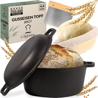 Chefarone Gusseisen, Inkl Gärkorb und Teigschaber, 26 Cm Topf Backen Brot, Brotbackform mit Deckel, 21 Brottopf Zum Backen, 4.6l Robuster Brotbacktopf
