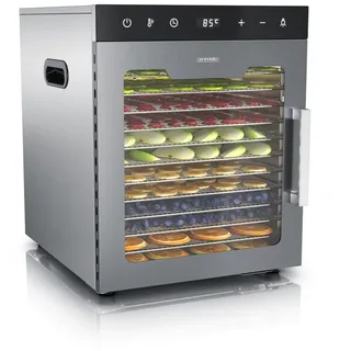 Arendo Dörrautomat Edelstahl, Temperaturregler von 30° bis 90°C, Dörrgerät, Dehydrator 800 W, 12 Etagen, Obst, Fisch, Fleisch Dörrapparat, Obsttrockner, Timer 0,5-24 Stunden silberfarben