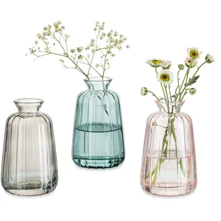 Kleine Vasen Hochzeit Tischdeko Vintage, 3 Teilig Mini Vase Glas Blumenvase Modern Set Schlanke Hydroponic Glasvase Fuer Blumen Deko Hochzeit Tisch Wohnzimmer Couchtisch Badezimmer, Grün + Grau + Rosa
