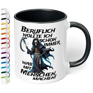 Lustige Büro Tasse „Beruflich wollte ich schon immer was mit Menschen machen!“ - 330ml Keramik Kaffeebecher mit Spruch, Geschenke für Kollegen Büro Arbeit Geburtstag Weihnachten (Schwarz)