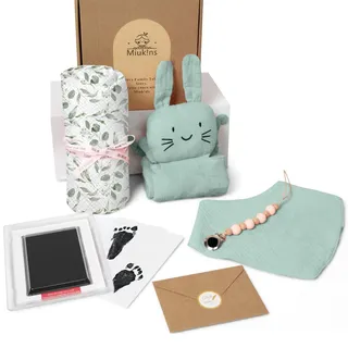 Neugeborenen Geschenk Junge & Mädchen Set 6 in 1, Neugeborenen Geschenk zur Geburt Baby Pucktuch Musselin, Schnuffeltuch,Lätzchen, Fußabdruck schnullerkette geschenkkarte (Green)