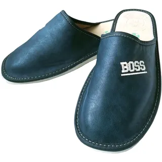 MARKA WYROBY WEŁNIANE - Pantoffeln Herren - Hausschuhe Männer - aus Leder, mit Ledereinlegesohle - Geschlossen, Boss-Aufschrift - Hausschlappen, Latschen - Dunkelblau, Glatt - Größe 48-31,5cm - 48 EU