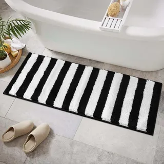 Sivilife Schwarz-weiß gestreifter Läuferteppich, waschbar, rutschfest, Badematte für Badezimmerboden, wasserabsorbierend, lang, geometrisch, weich, Läufer für Badezimmer, Dusche, Badewanne,