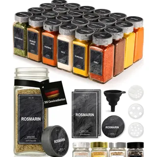 Greeano Gewürzgläser Set [24 x 120ml] mit 300 Gewürzetiketten [DE] - Gewürze Aufbewahrung mit Streueinsatz - Gewürzdosen Glas - Gewürzbehälter Glas - Gewürz Organizer - Spice Jars Midnight