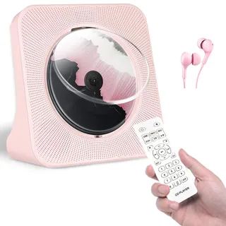 Rosa CD Player, tragbarer CD Spieler mit Bluetooth 5.0, Heim-Musikspieler mit eingebauten HiFi-Lautsprechern, FM-Radio, Timer, USB-Anschluss, AUX-Buchse, Fernbedienung (inkl. Kopfhörerkabel)