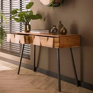 RINGO-Living Massivholz Konsolentisch mit Zwei Schubladen, Designer Konsolentisch Holz für Wohnzimmer, Sideboard Holz Massiv Retro, Hochtisch Büro, Schminktisch schmal, Retro Konsolentisch Industrial