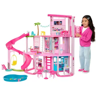 Barbie Traumvilla, 3-stöckiges Barbie-Haus mit 10 Spielbereichen inklusive Pool, Rutsche, Aufzug, 75 Puppen-Accessoires, Spielzeug-Welpe, Spielzeug für Kinder ab 3 Jahre, HMX10