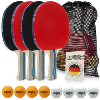 PHIBER-SPORTS Tischtennisschläger 4 Schläger + 8 Tischtennisbälle + Tasche - Anfänger, Familien, Profis (Set, 13-tlg), Tischtennis