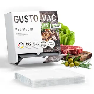 GustoVac Premium Vakuumbeutel, 100 Stk. 20x30cm Profi- Folienbeutel, Vakuumierbeutel für Vakuumierer, Kochfest & Sous Vide Gefrierbeutel, Lebensmittel Vakuumiergerät, Made in Germany, BPA-frei