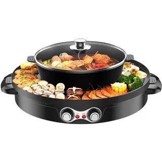Elektrischer Hot Pot 2200W, 2 in 1 Multifunktion Elektrische Grill Hot pot mit Abnehmbar Kochplatte, Separate Doppelte Temperaturregelung, Indoor Korean BBQ Grill Thai Barbecue