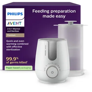 Philips Avent Premium 2-in-1 Flaschenwärmer und Sterilisator – Warmwasserbadtechnologie mit Krankenhaus-Standard, intelligentem Temperatursensor, verhindert heiße Stellen,SCF359/00