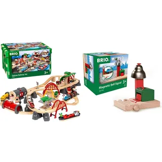 BRIO World 33052 Straßen & Schienen Bahn Set Deluxe – Straßen & Schienen Eisenbahn & World 33754 Magnetisches Glockensignal – Eisenbahnzubehör Holzeisenbahn
