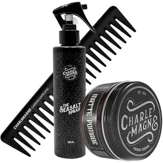 Charlemagne Haarstyling Bundle - Bestehend aus Matte Pomade Herren, Sea Salt Spray & Carbon Styling Kamm - Haarstyling Männer Geschenkset - Geschenk Männer - Meersalz Spray für Haare