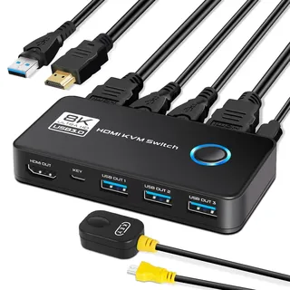 TCNEWCL 8K@60Hz HDMI USB 3.0 KVM Switch 2 PC 1 Monitor 4K@120Hz, 2 Port KVM-Switches HDMI USB Umschalter, Unterstützt HDR, Dolby Audio, 3D, HDCP2.3, mit HDMI 2.1 & USB 3.0 Kabel