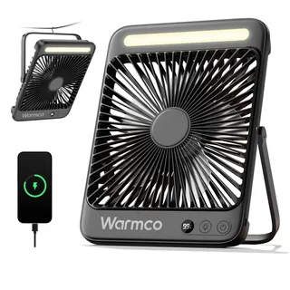 Warmco 20000mAh Akku Camping Ventilator 27cm mit Lampe, 15-48 Std. Laufzeit, Ultra-Leise, Ultraflach, Display, Haken, USB Tischventilator für Zelt, Outdoor, Reisen, Büro, Wohnmobil, Schlafzimmer