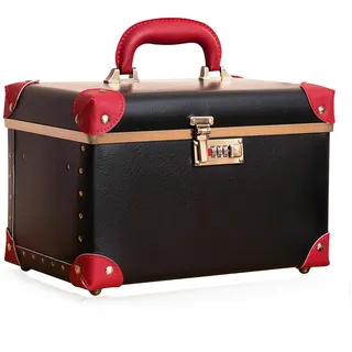 urecity Kosmetikkoffer mit Spiegel Beauty Case Hartschale Vintage Schminkkoffer Leder Kosmetikkoffer Damen mit Zahlenschloss (Schwarz mit Rot, Medium)