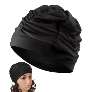 LOZTBUE 1 Stück Damen Badekappe, Nylon Stoff Übergroße Badekappe Elastische Bequeme Damen und Herren Badekappen für Langes und Dicke Haar (Schwarz)