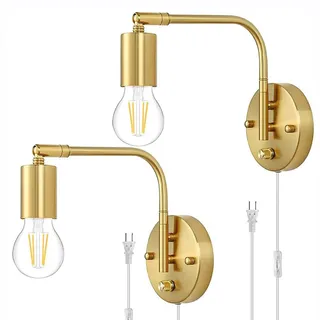 LOGT Innen Wandleuchte Dimmbar mit Stecker und Schalter, E27 Wandlampe Vintage mit 1.8M Kabel Verstellbare Schwenkarm Wand-Leselampe Gold Nachttischlampe für Wohnzimmer Flur Schlafzimmer,B