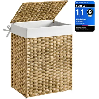 Songmics Wäschekorb mit Deckel und Griffen, faltbar, 46 x 60 x 33 cm, 90 L, aus synthetischem Rattan, | Wäschesammler,