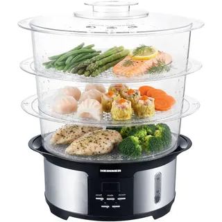 HEINNER ONE STEAM Dampfgarer 12 L – 3 Etagen, 5 Garprogramme & Startvorwahl bis 12 Std für komplette Mahlzeiten auf Knopfdruck (1000 W, Edelstahl-Gehäuse)