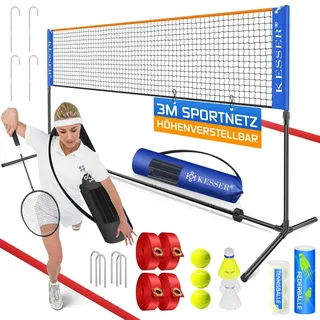 Kesser KESSER® Badmintonnetz, Tennisnetz 300cm 400cm 500 cm Federballnetz 3-Fach-Höhenverstellbar, Set bestehend aus Netz, 3x Feder- | Tennisball, stabilem Eisen-Gestell, Transporttasche, Indoor & Outdoor