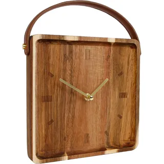 Holz Standuhr Mit Griff In Leder Optik - 22 Cm - Retro Tischuhr Analog - Tisch Deko Uhr Eckig Zum Hinstellen Batterie Betrieben Für Küche Büro Wohnzimmer