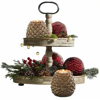 Loberon Etagere Amboise, zweistöckig, gedrechselte Stange, formschöner Tragegriff, Servierhelfer, Dekoration, Tannenholz, Eisen, braun